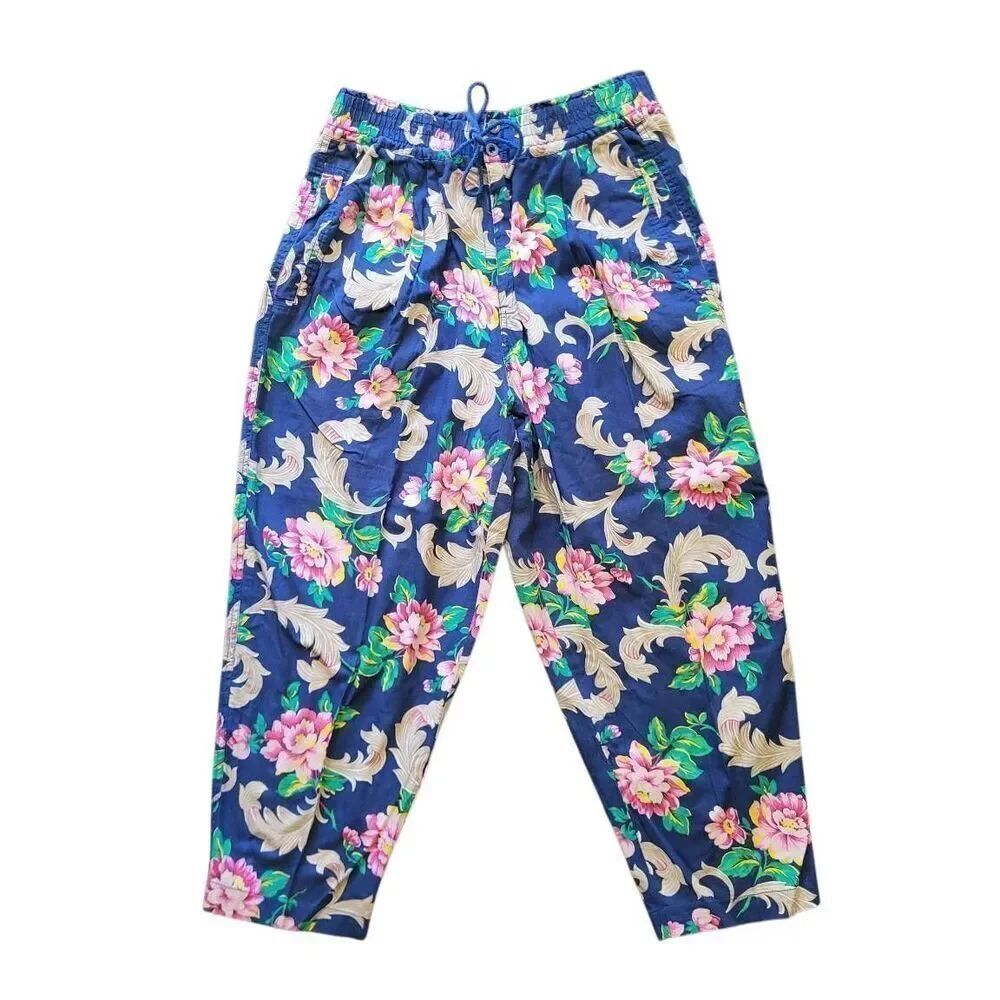 Vintage Liz Wear Pants Women's Large Blue Floral Tropical Cotton Barrel Crop